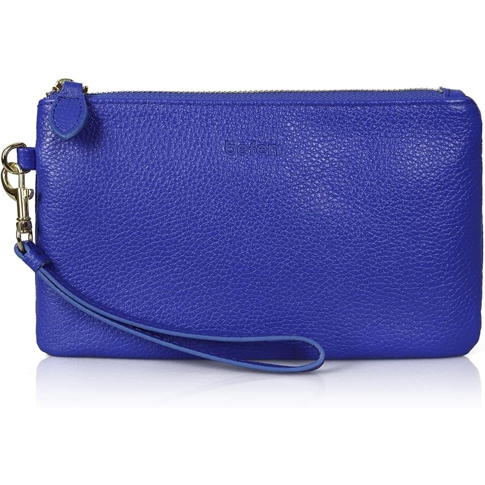 Befen Blue Italian Leather Wristlet Wallet Pouch Travel Quality Gold Vacation